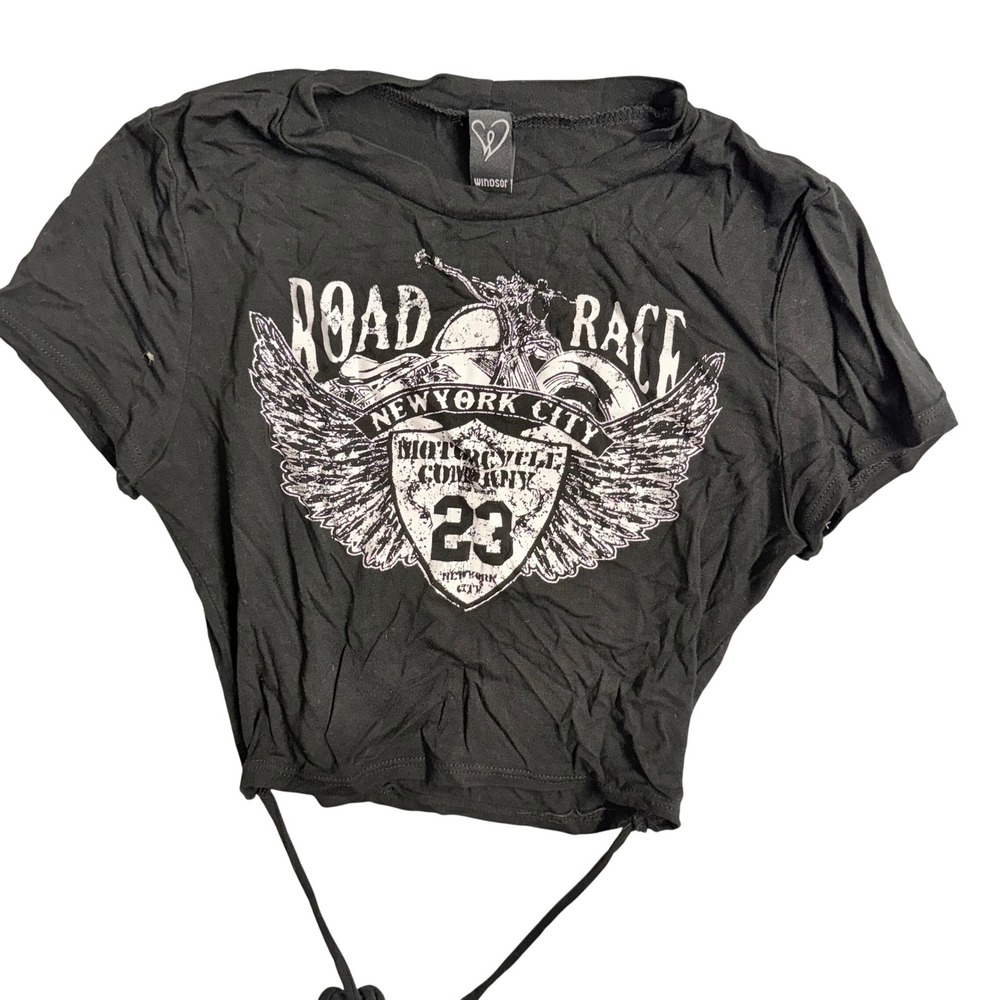 Windsor Small Black Road Race Motorcycle Company Graphic Crop Top Shirt - Picture 2 of 3